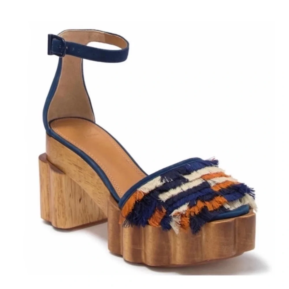 Tory Burch Alma Platform Sandals Heels Size 7 Fringe Suede Wooden Block Heel